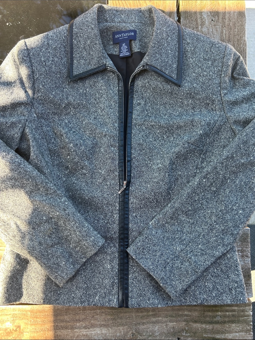 Ann Taylor Gray Tweed Zip Jacket with Contrasting Trim